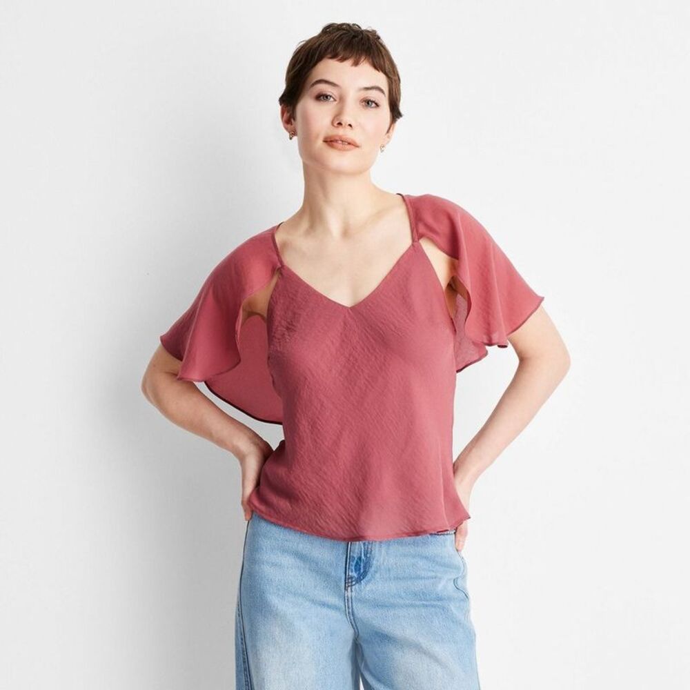 Women's Short Sleeve Cape Blouse - Future Collective Berry Red XS